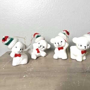 Vintage White Ceramic Snow Bear Ornaments‎ Knit Hats Red Bow Christmas Set of 4